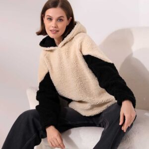 Kadın Polar Peluş Bej Siyah Bloklu Kapşonlu Sweatshirt