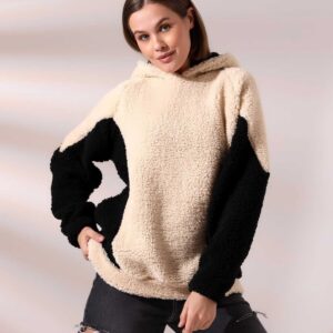 Alternative view of Kadın Polar Peluş Bej Siyah Bloklu Kapşonlu Sweatshirt